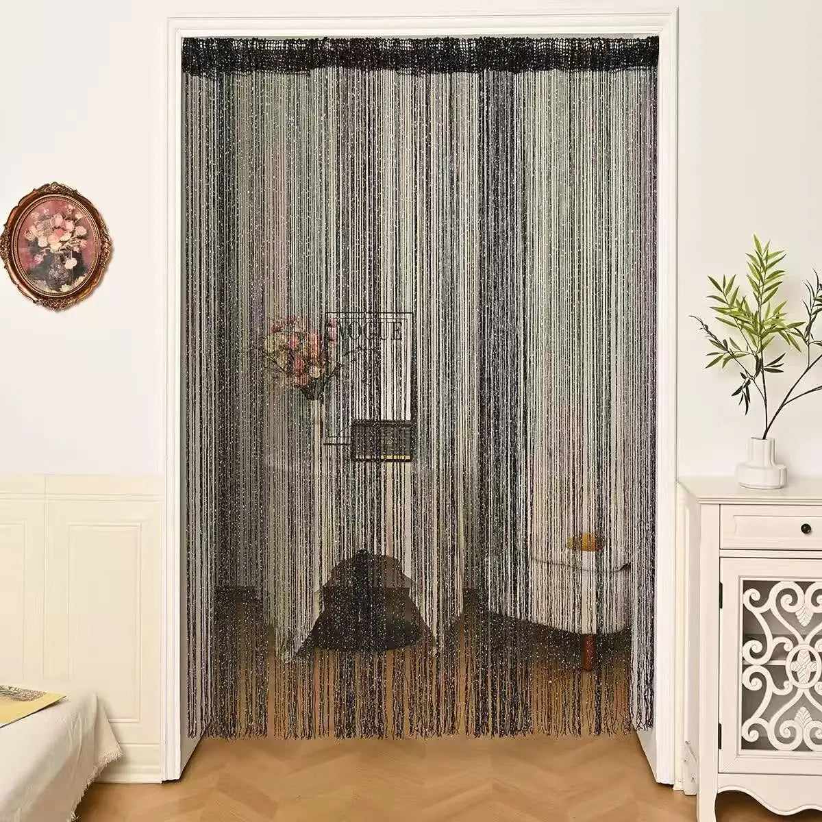 rideau moderne polyester opaque chaines brillantes dorées argentées 100cm 200cm