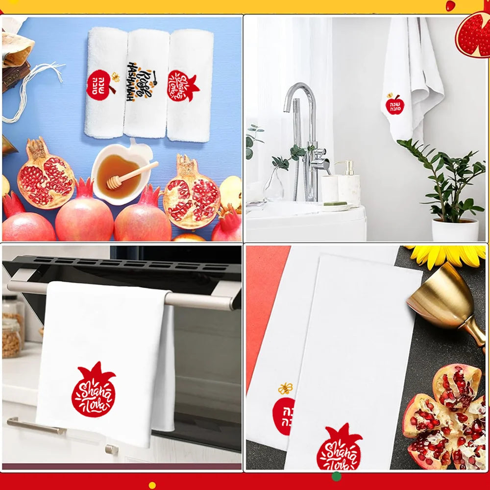 serviettes table coton blanc symboles religieux grenades pommes textes hébraïques festive rosh hashanah decorative