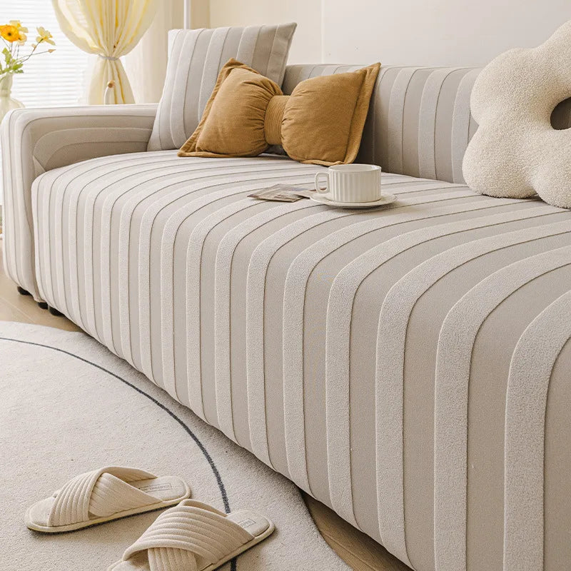 housse canapé polyestère beige rayures moderne anti poussière adhésif lavage machine 90 300cm
