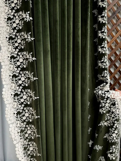 rideau velours vert foncé broderie fleurs blanches classique opaque salon chambre fenêtre maison luxe