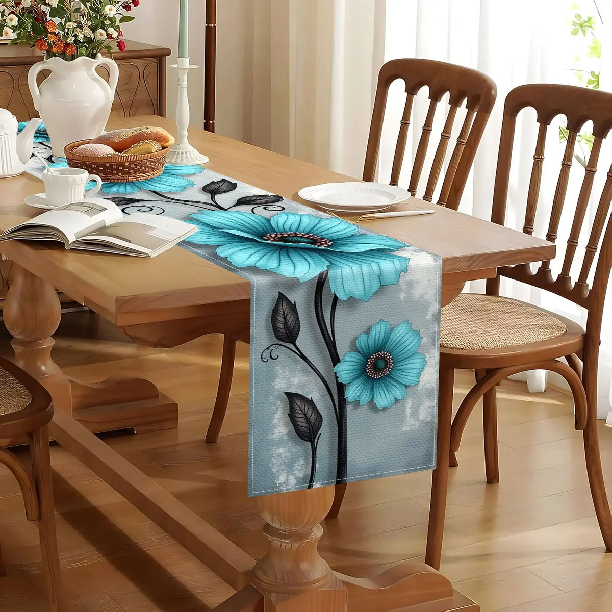 chemin table moderne floral bleu clair gris polyester imitation lin neutreintérieurhôtel