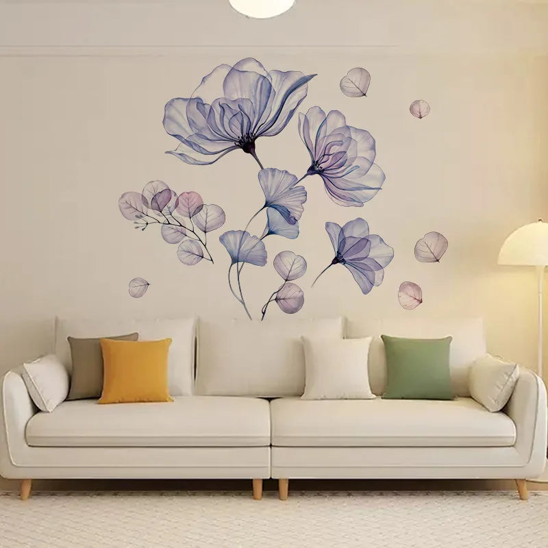 Stickers muraux fleurs bleu violet adhésifs modernes décoration salon chambre coucher