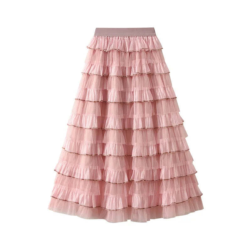 jupe mi mollet polyester vintage rayures horizontales romantique beige clair rose pâle gris marron