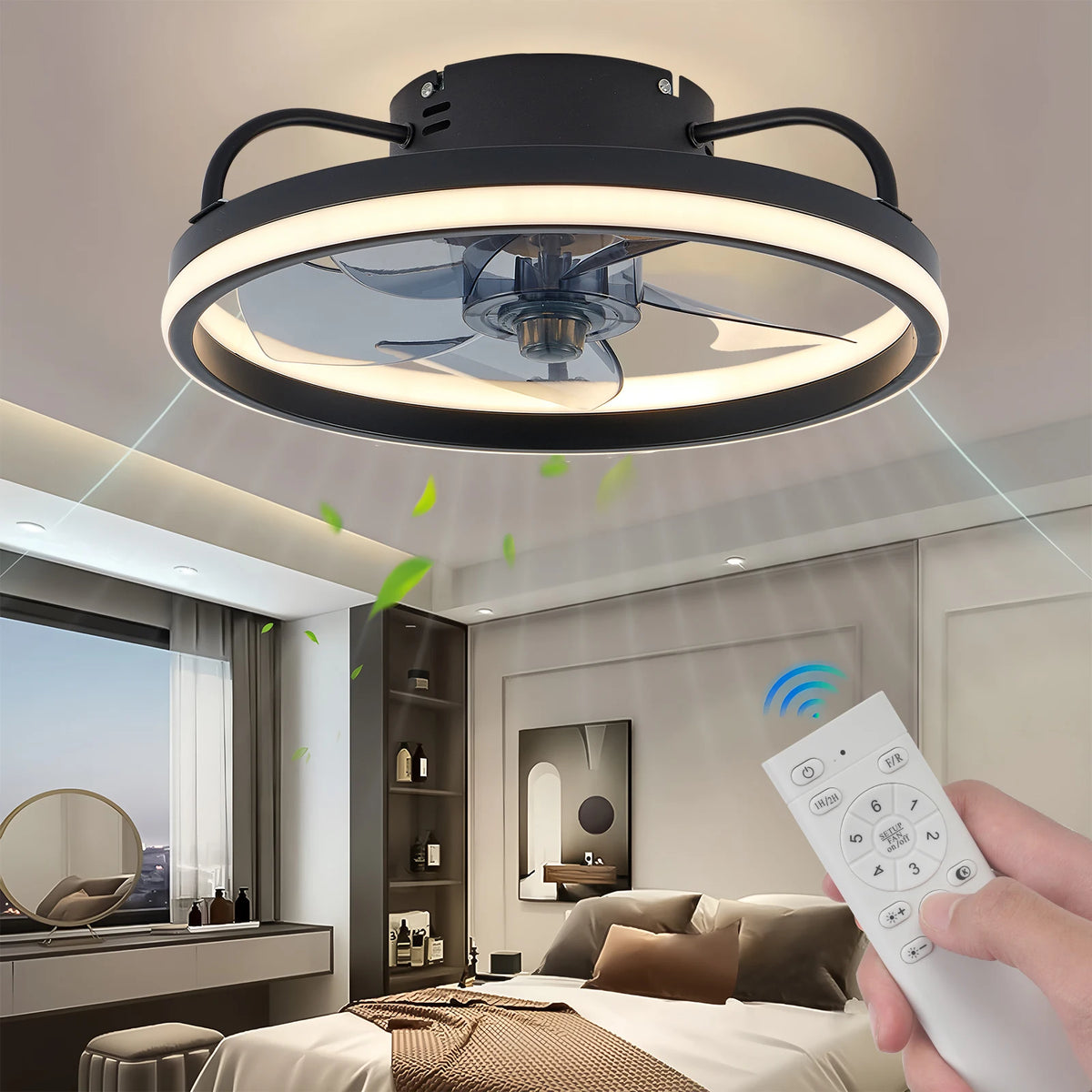 ventilateur led lumineuse moderne blanc rond télécommande fixe intelligent économique
