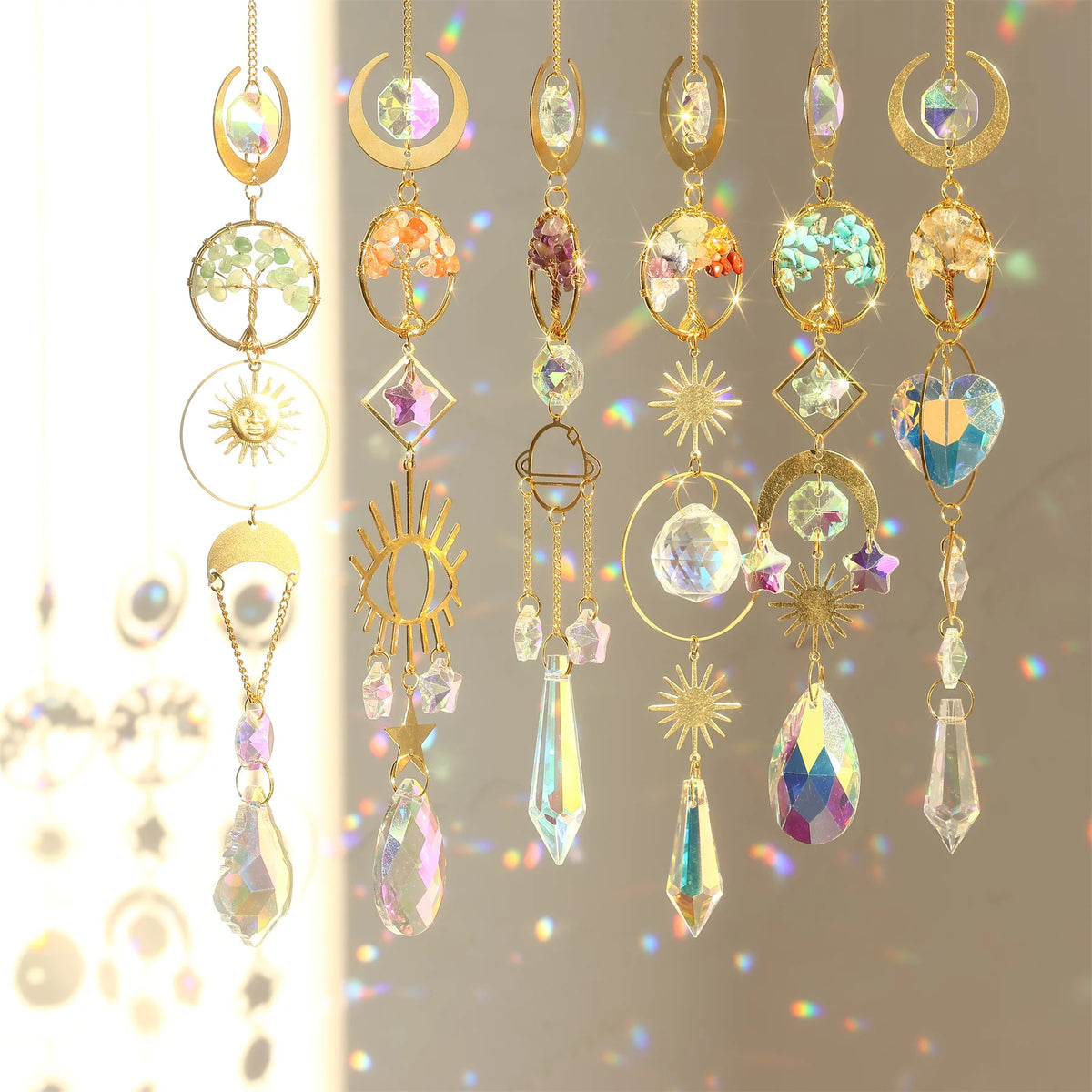 décoration murale cristaux irisés motifs solaires boho vintage or multicolore