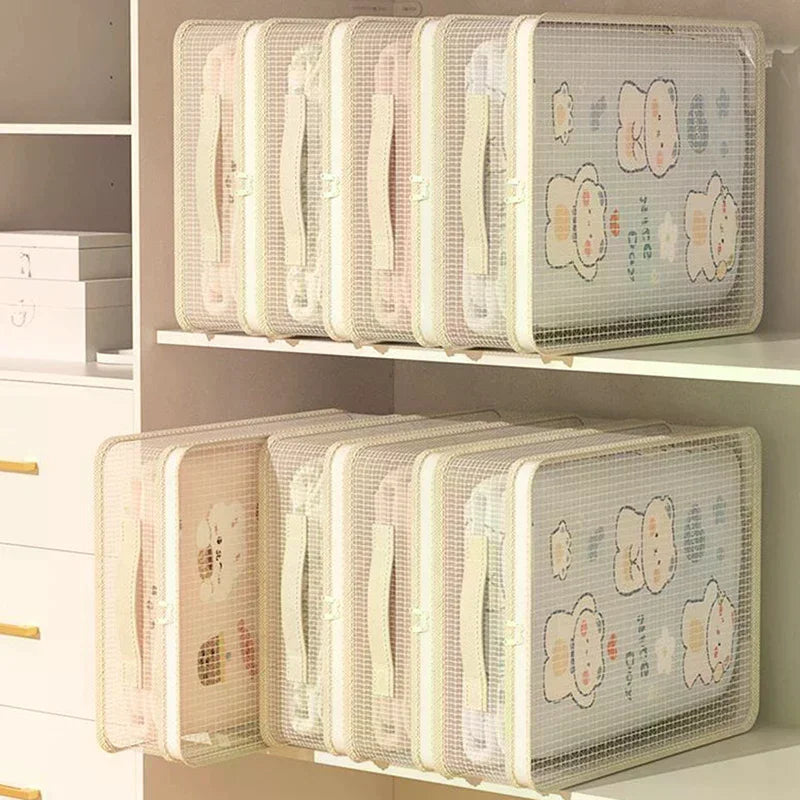 sacs rangement vêtements draps blanc rose vert bleu motifs enfants mesh translucides poignées tissu