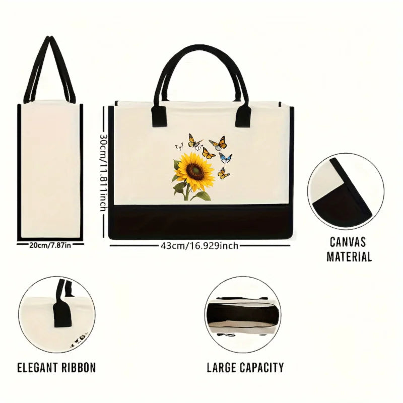 sac main toile tournesol papillons beige noir moderne réutilisable respectueux environnement poignées détachables zippé