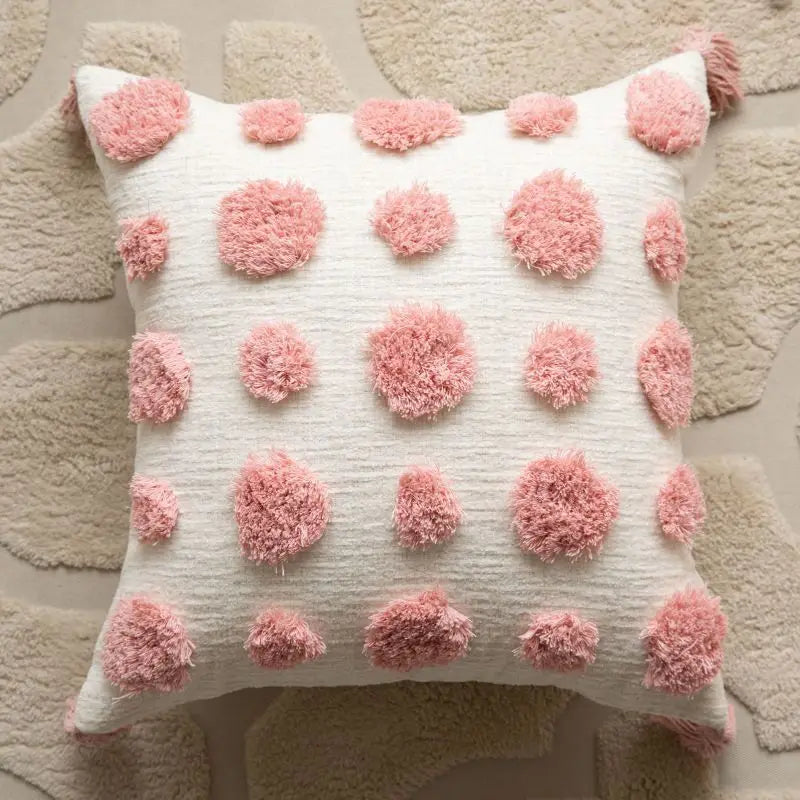 taie d'oreiller carrée brodée cœur géométrique 100% polyester blanc rose décoration maison boho chic