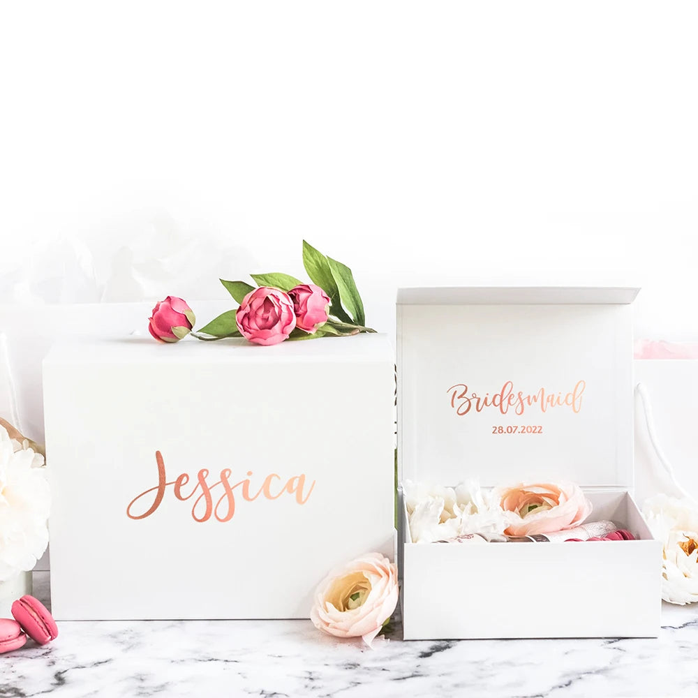 boîte bijoux personnalisée mariage demoiselle d'honneur cadeau élégant ruban rose fleur artificielle dorée
