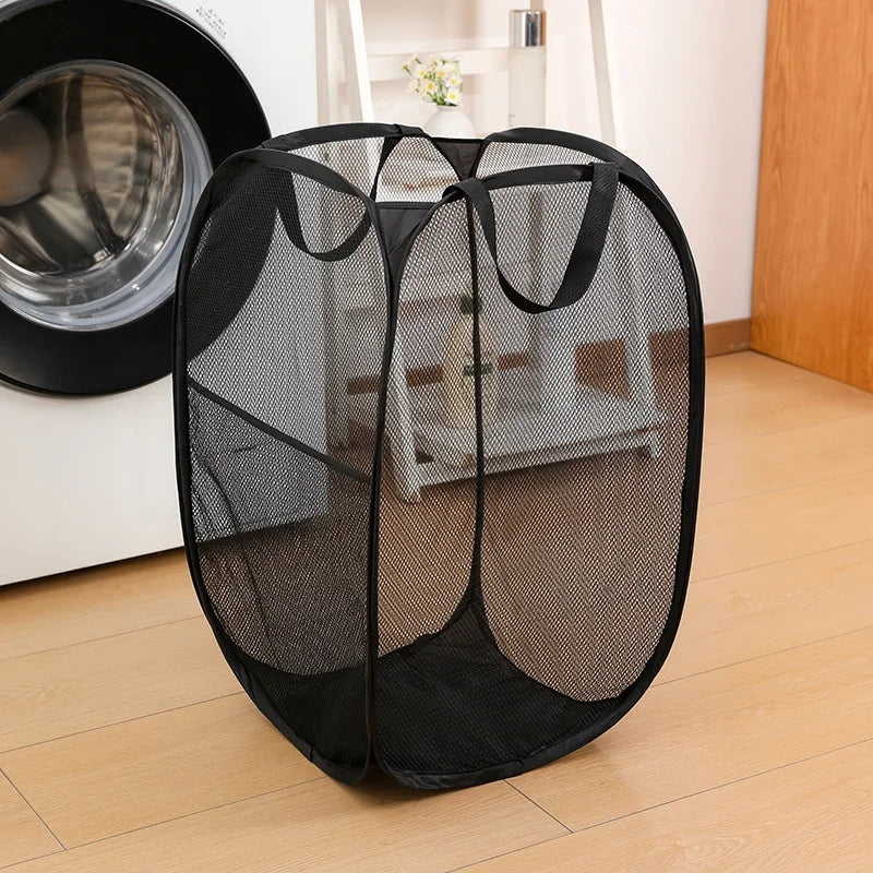 panier linge moderne pliable gris noir maille métal respectueux environnement poignées capacité grande