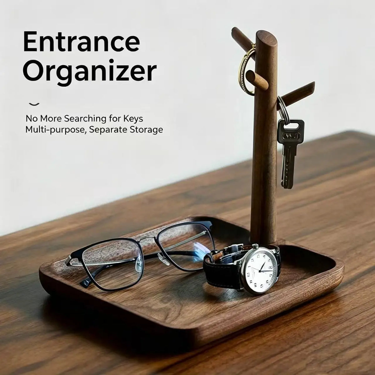 organisateur entrée moderne bois marron lunettes montres porte clés bijoux étui stylos parfum minimaliste