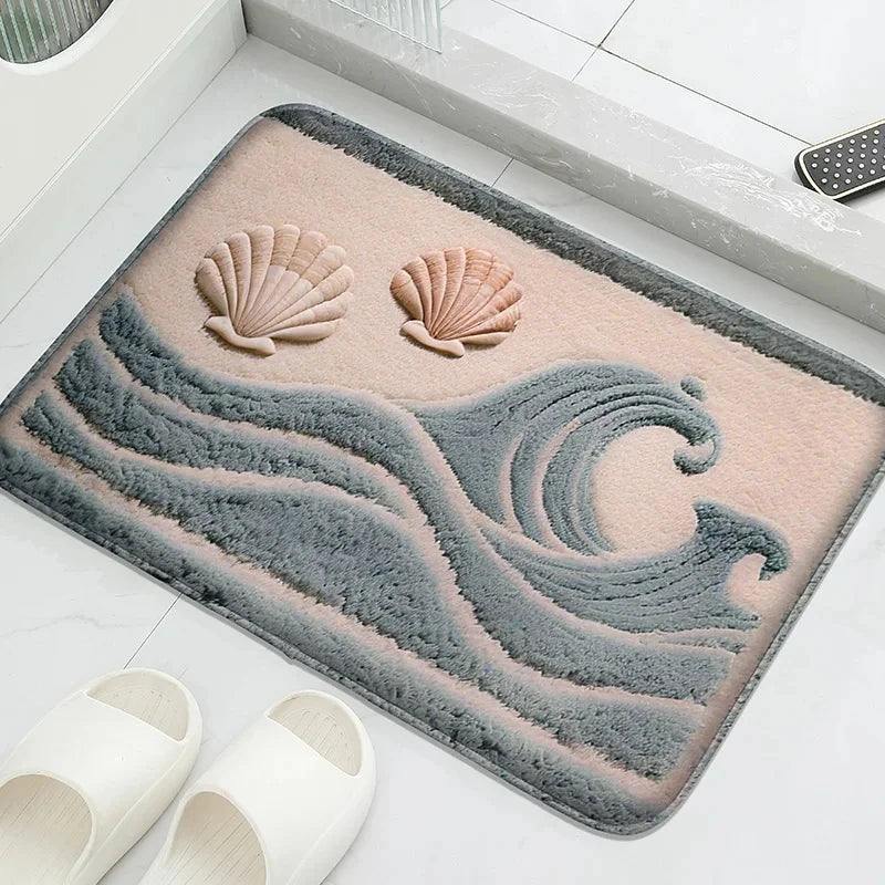 tapis sol bain océan coraux poissons vagues antidérapant moderne bleu orange blanc
