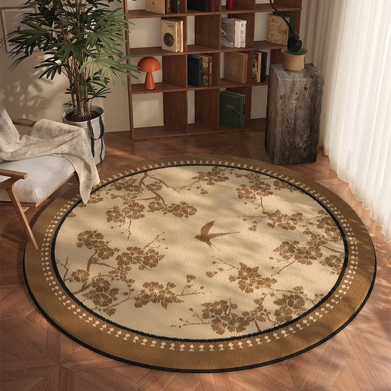 tapis rond beige noir motif fleurs oiseaux décoration salon chambre intérieur doux antidérapant moderne