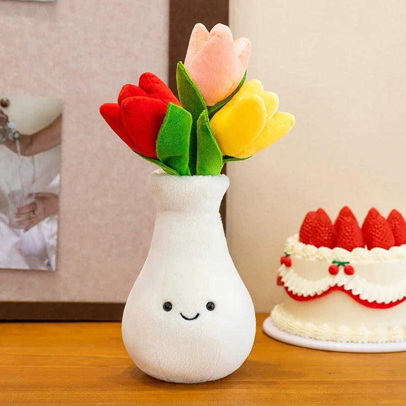bouquet fleurs artificielles vase gourde blanc souriant intérieur décoration mignonne anniversaire mariage