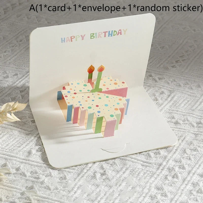 carte 3D anniversaire pop up gâteau bougies motifs géométriques multicolores blanc rouge vert enveloppe