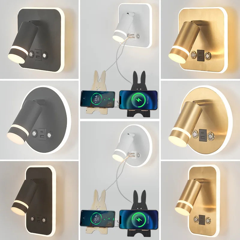 Lampes murales LED modernes prise USB éclairage ambiant noir blanc doré