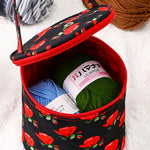Sac rangement laine moderne noir rouge fleurs poignée amovible crochet pelotes mesures pratique