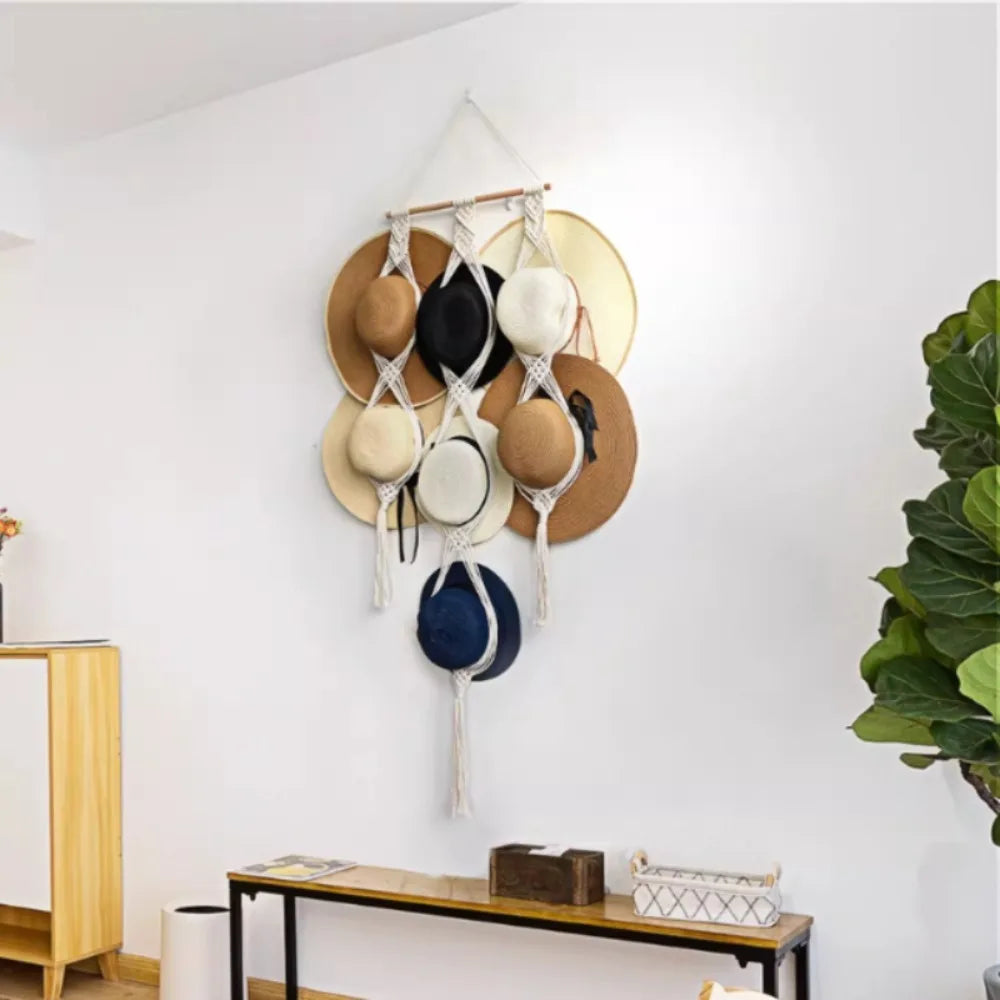 support mural chapeaux tissu macramé boho chic beige gris blanc fixations murales