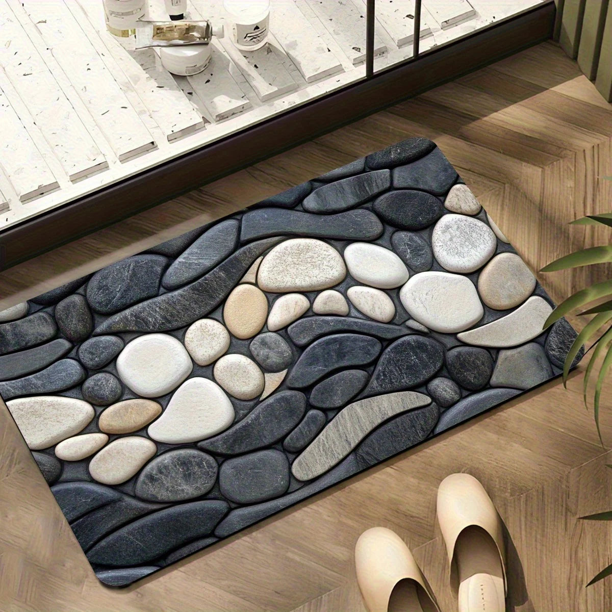 tapis salle bain galets animaux gris moderne antidérapant machine lavable adhésif blanc