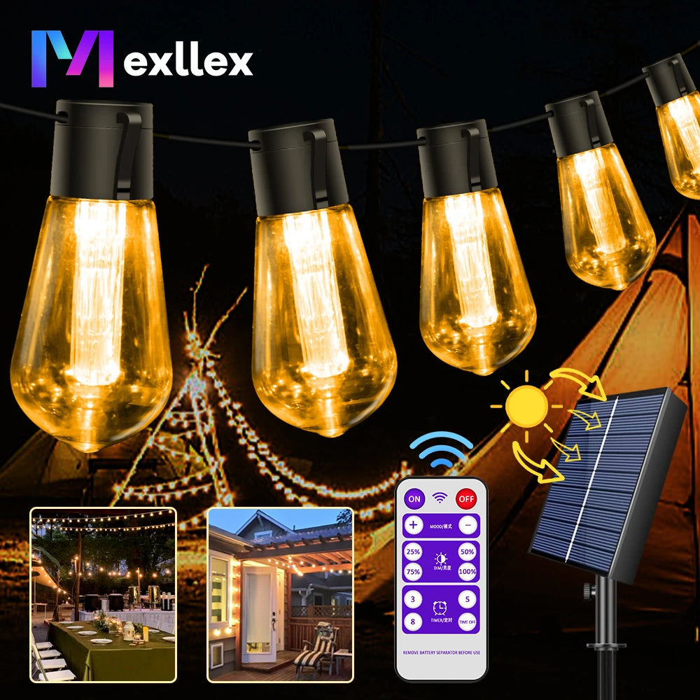 guirlande lumineuse solaire extérieure modes ambrée filaments visibles télécommande led contemporaine