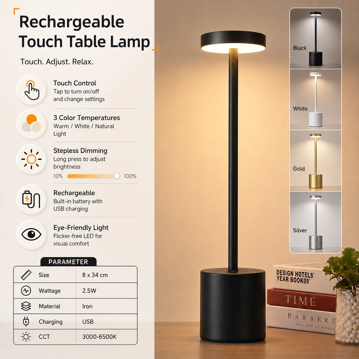 lampe table rechargeable noir moderne minimaliste interrupteur tactile 3000 6500k fer opacité 8x34cm