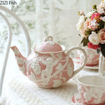 tasse céramique porcelaine ange feuilles rose blanc classique théière soucoupe couvercle