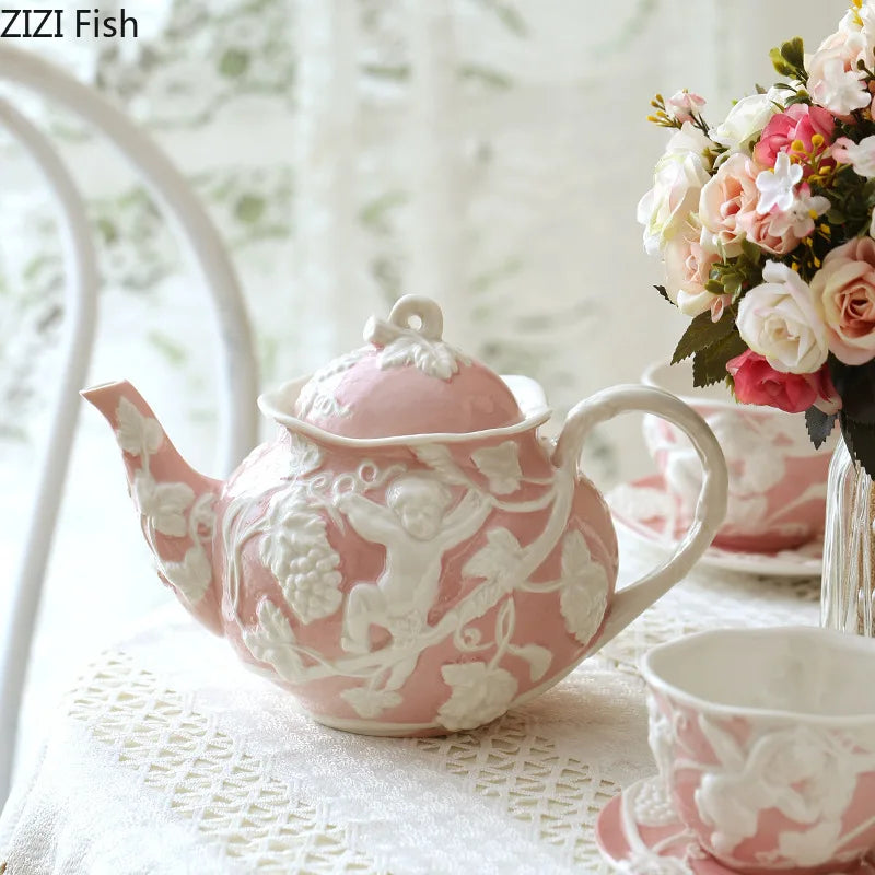 tasse céramique porcelaine ange feuilles rose blanc classique théière soucoupe couvercle