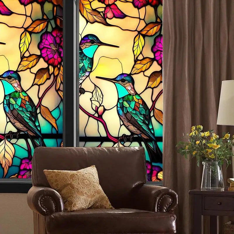 films décoratifs adhésifs oiseaux colorés feuilles fleurs moderne opaques fenêtres bleu vert jaune rouge