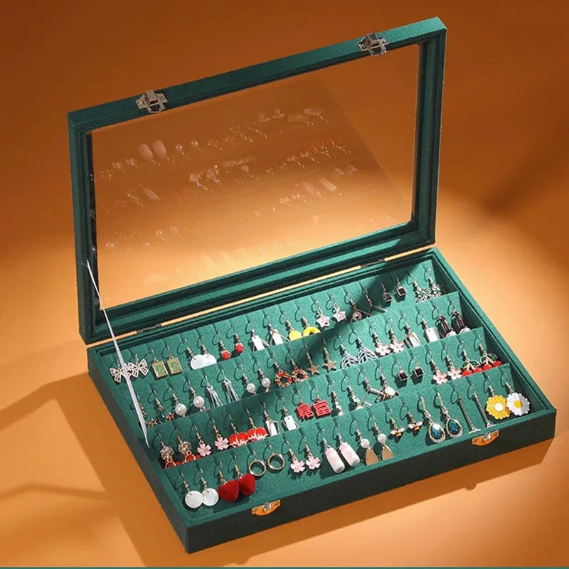 boîtes bijoux velours vert gris noir modernes poignées métalliques transparentes 32 boucles d'oreilles rangement