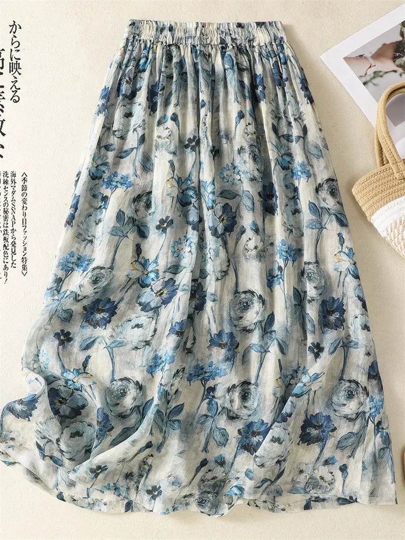 Jupe lin polyester fleur imprimée décontracté casual blanc bleu gris été