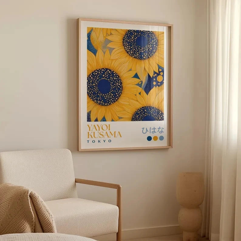 affiche murale moderne tournesol floral jaune bleu blanc cadre bois chambre salon decoration art