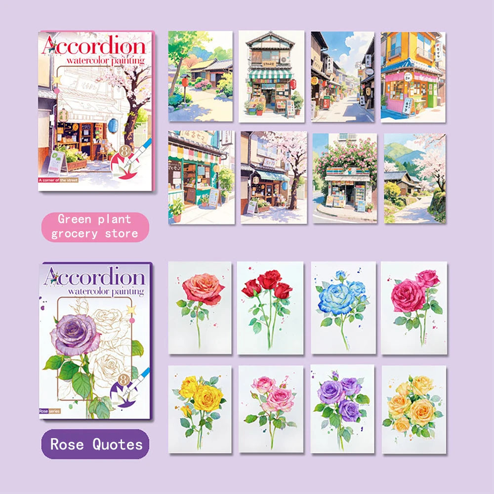 livre art aquarelle coloriage scènes urbaines nature roses blancs illustrations pages opaques peintures brosses