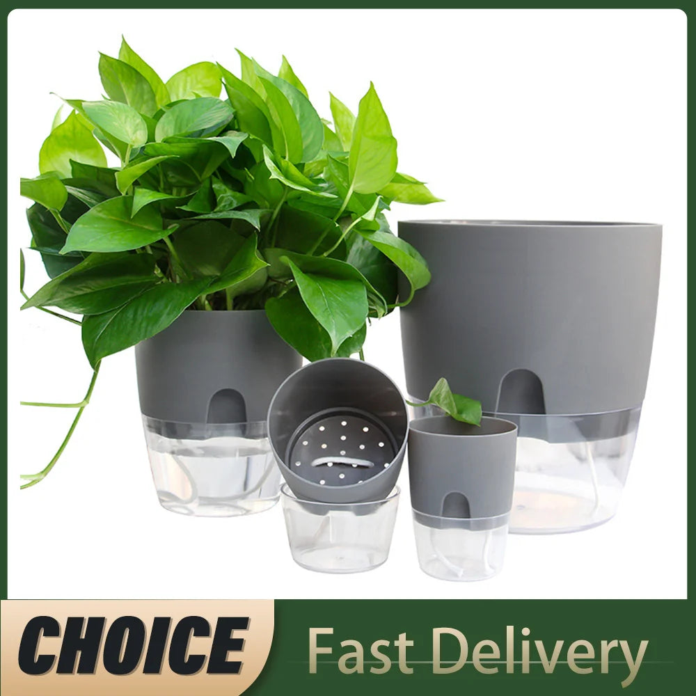 Pot plante auto arrosant gris moderne base transparente drainage fenêtre niveau eau inlet