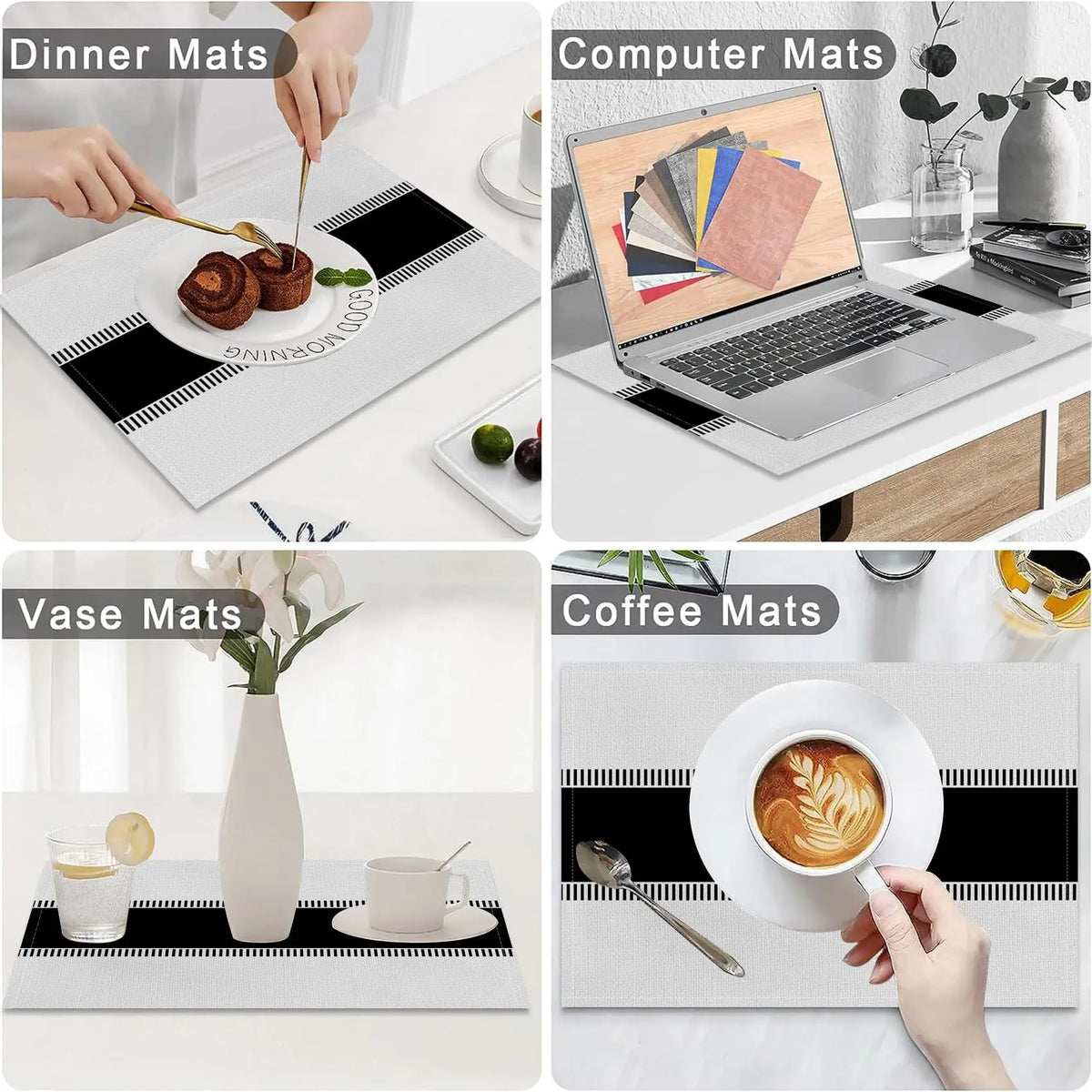 tapis table moderne blanc noir rayures lin respectueux environnement 30x45cm