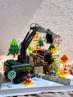 miniature excavatrice noir truck imprimé parties mobiles terrain graviers arbres signalisation sécurité