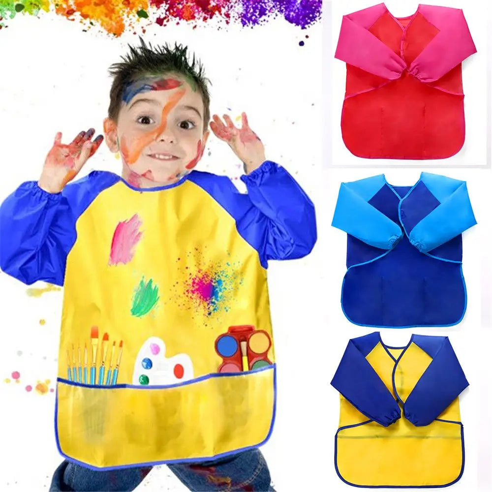 tablier peinture imperméable enfant pinceaux jaune bleu rose poche élastique pratique