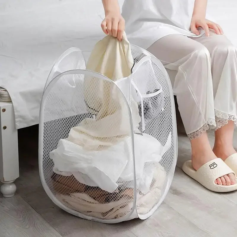 panier linge maille noir poignées fermeture glissière pliable salle bain rangement organizer