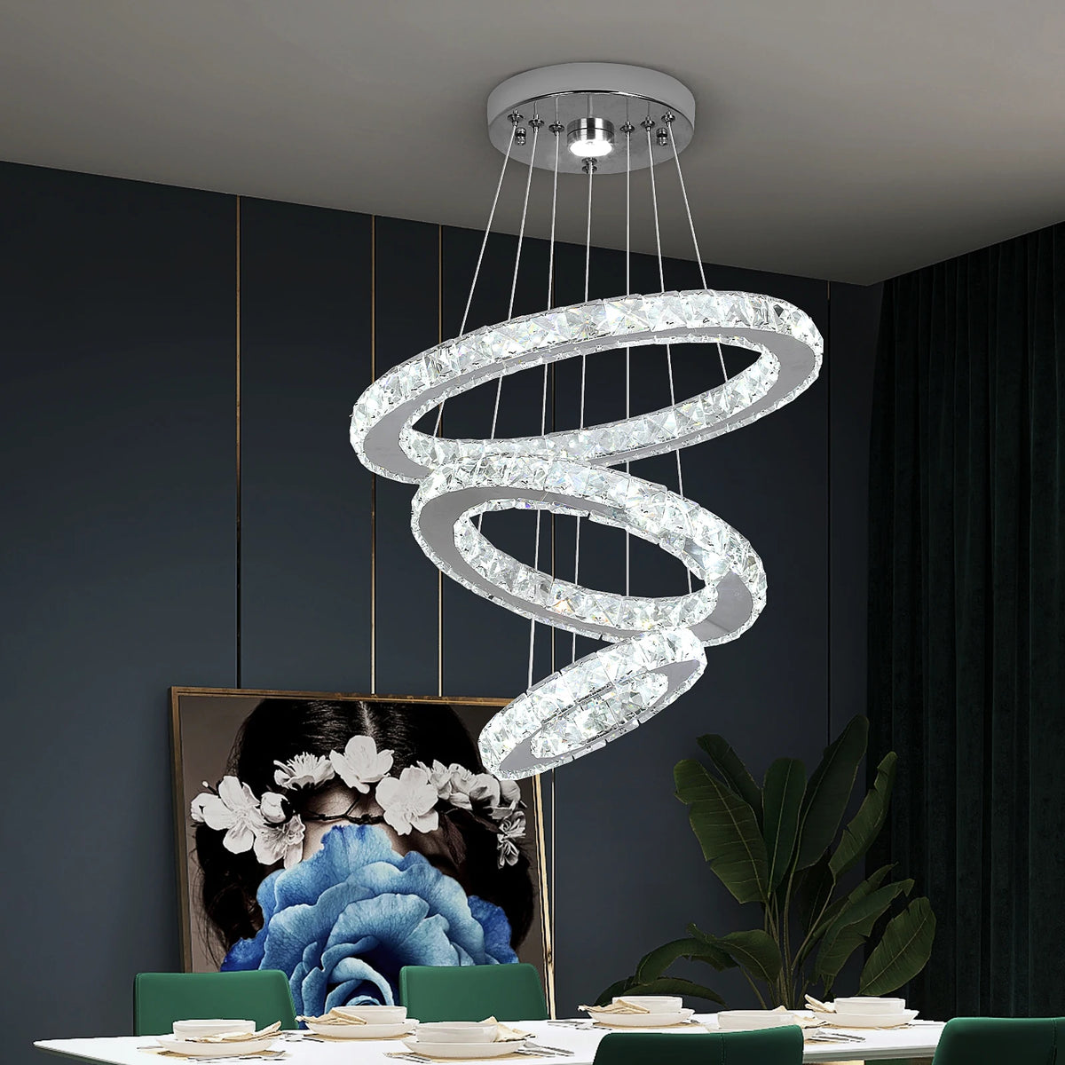Suspension lumineuse moderne acier inoxydable blanc doré strass brillant 20+ LED dimmable télécommande