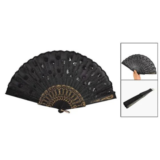 éventail main pliable paillettes dorées dentelle noire classique poignée bois opaque