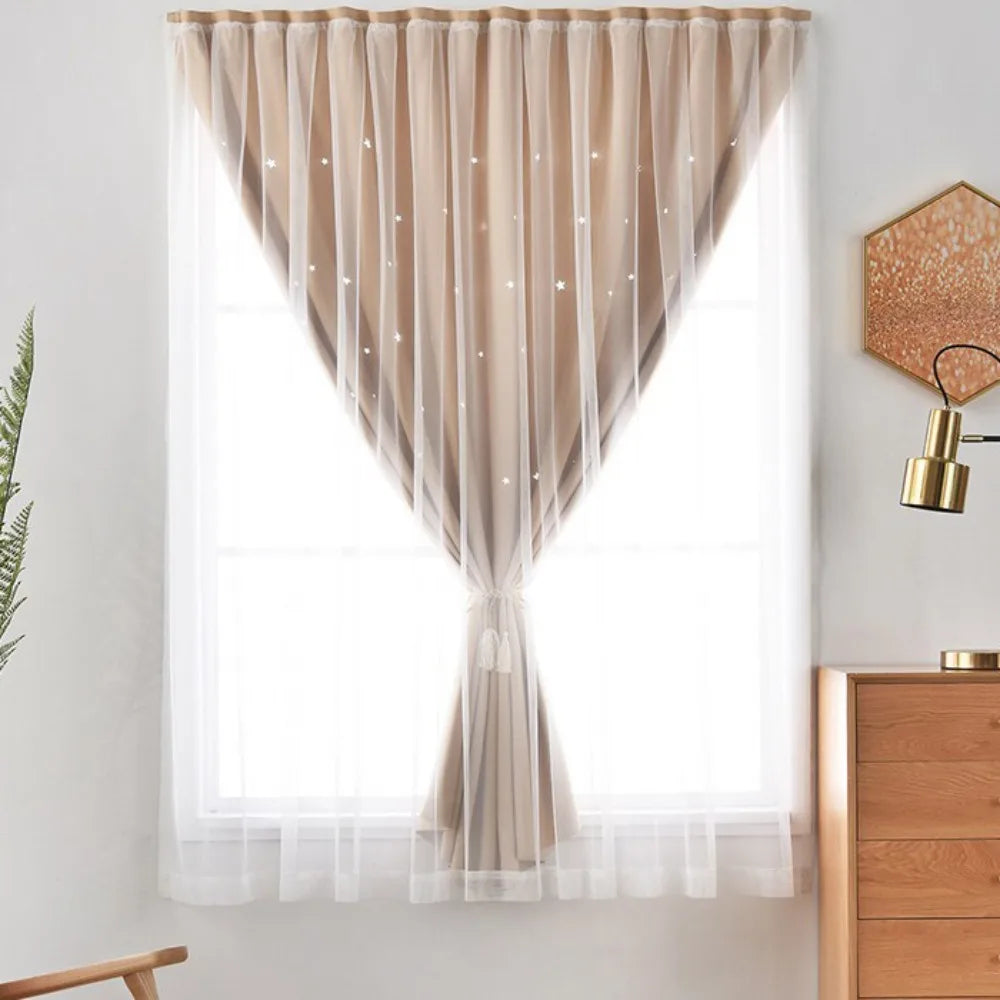 rideau moderne étoiles blancs gris clair bleu clair beige vert rose polyester translucide chambre