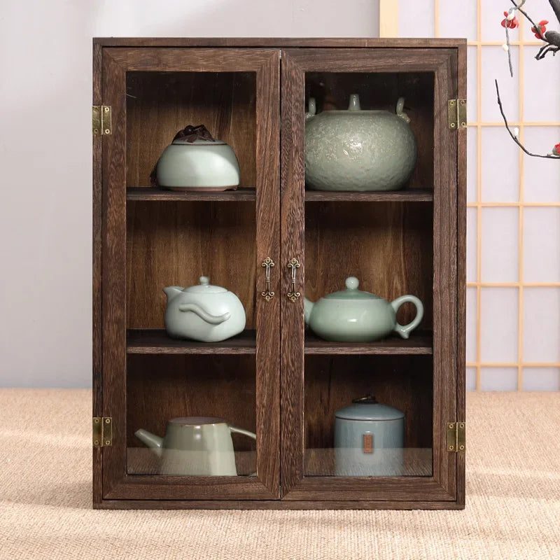 organisateur thé vert clair meuble asiatique verre transparent tiroirs bois marron foncé étagères tasses