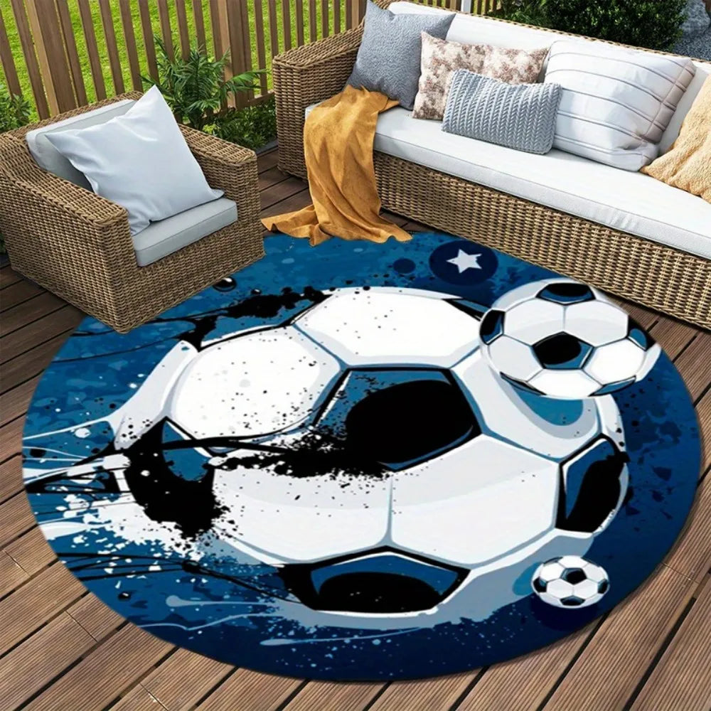 tapis rond football motif bleu blanc noir moderne antidérapant résistant intérieur extérieur