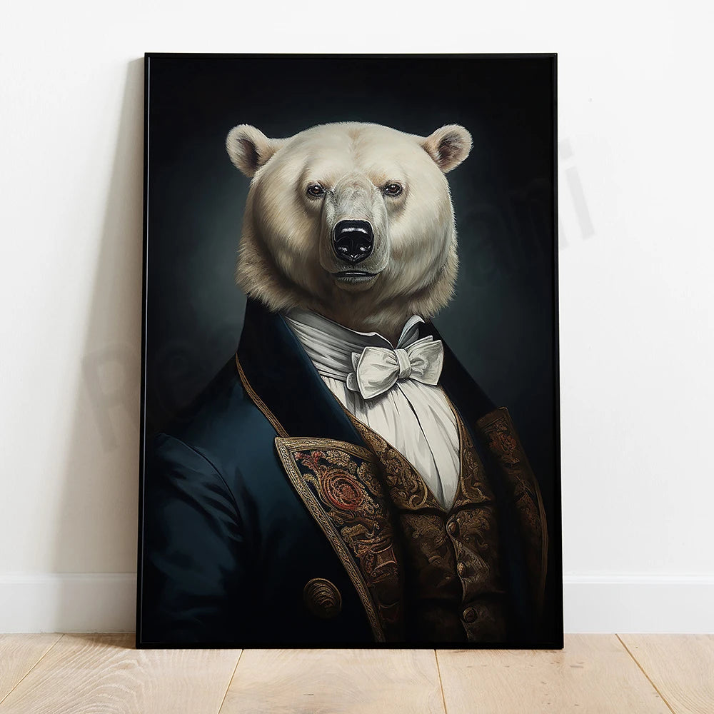 L'ours polaire élégamment vêtu d'un costume sombre et d'un nœud papillon blanc, fixe le spectateur avec un regard intense.