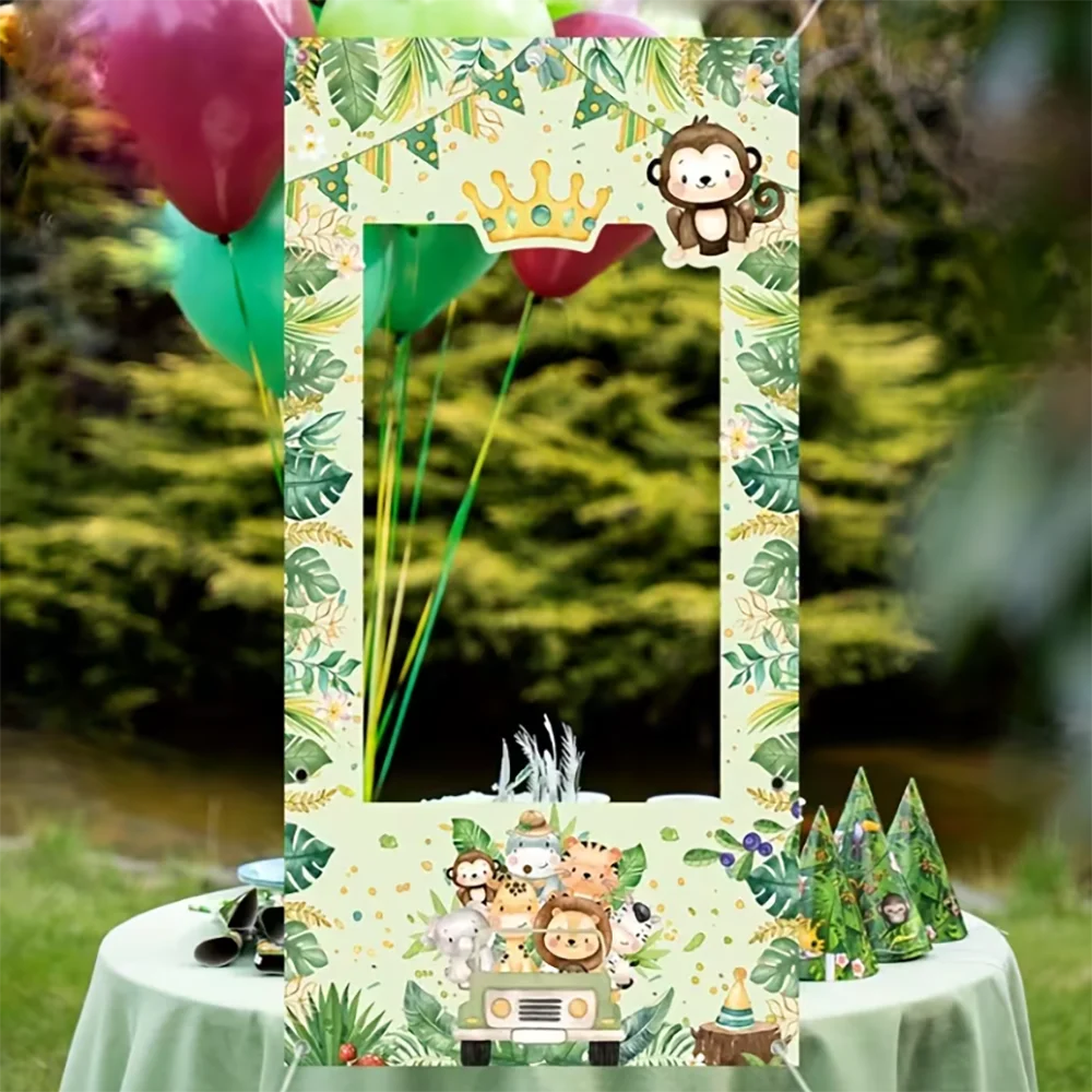 cadre photo vinyle jungle animaux motifs feuilles vert clips festif anniversaire enfants décoration tropicale