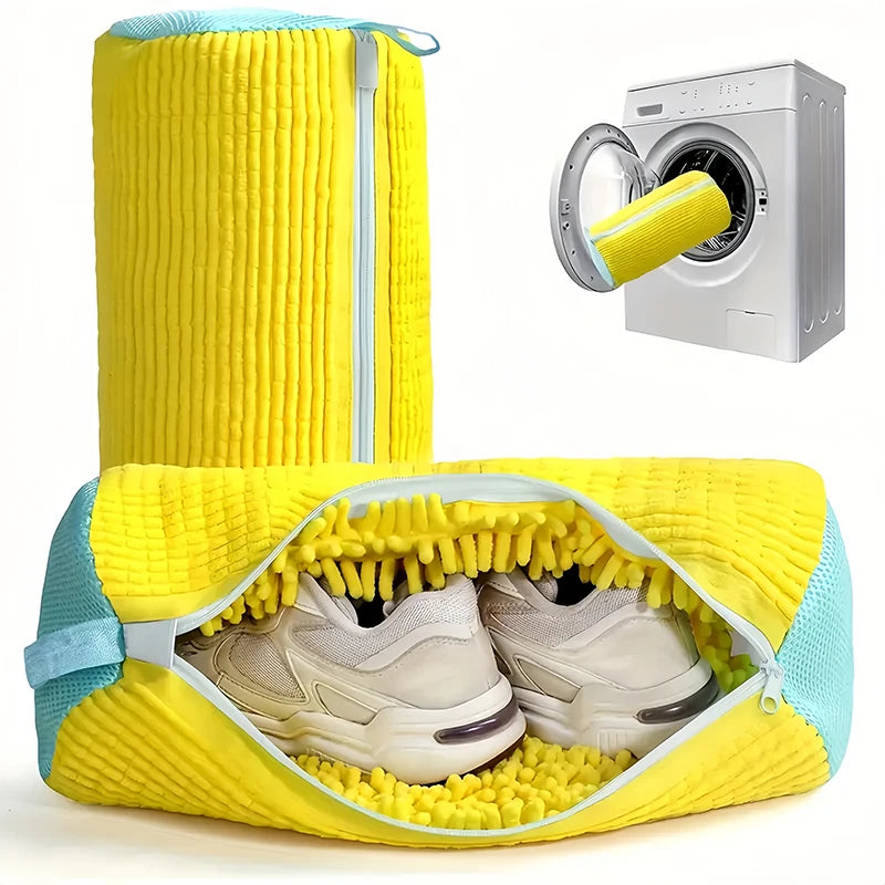 sacs lavage chaussures réutilisables côtelés intérieur duveté couleurs jaune gris blanc moderne