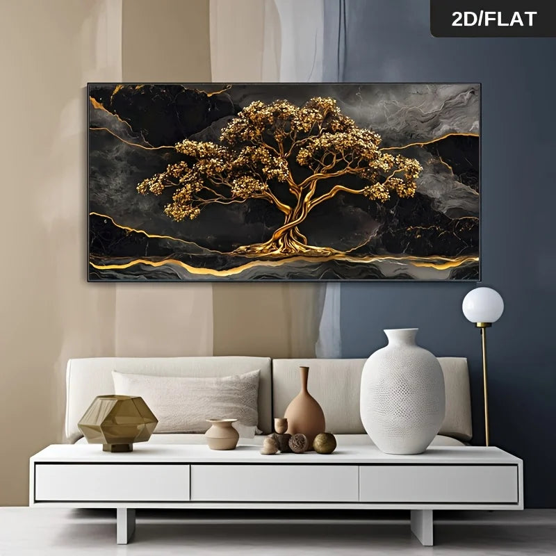 toile d'art moderne abstraite arbre doré marbré noir gris grande taille sans cadre chambre