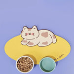 tapis imperméable animaux dessin chat jaune blanc gris adhésif bol inclusion