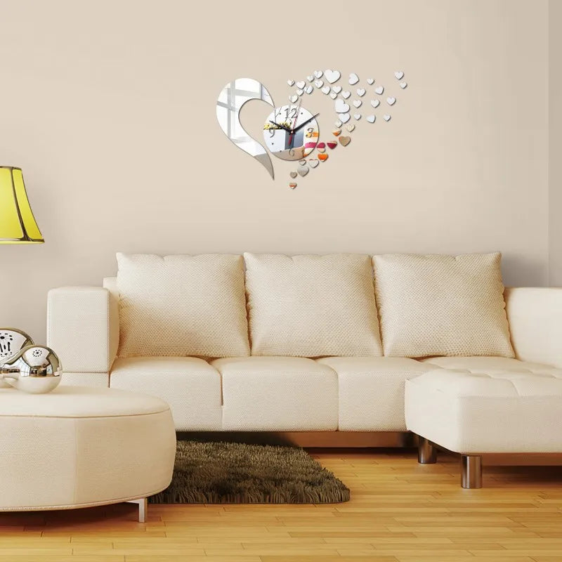 horloge murale acrylique forme cœur quartz noir décoration moderne chambre salon adhésif aiguille