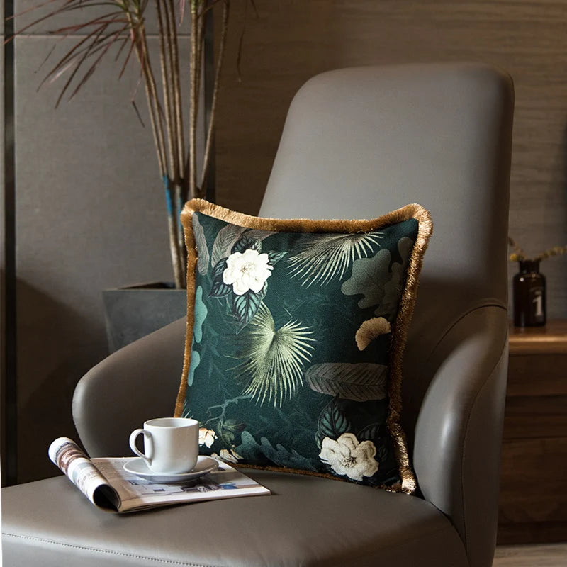 housse coussin coton fleur blanche motif floral vert beige élégante décorative carrée 45x45cm 55x55cm
