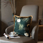 housse coussin coton fleur blanche motif floral vert beige élégante décorative carrée 45x45cm 55x55cm